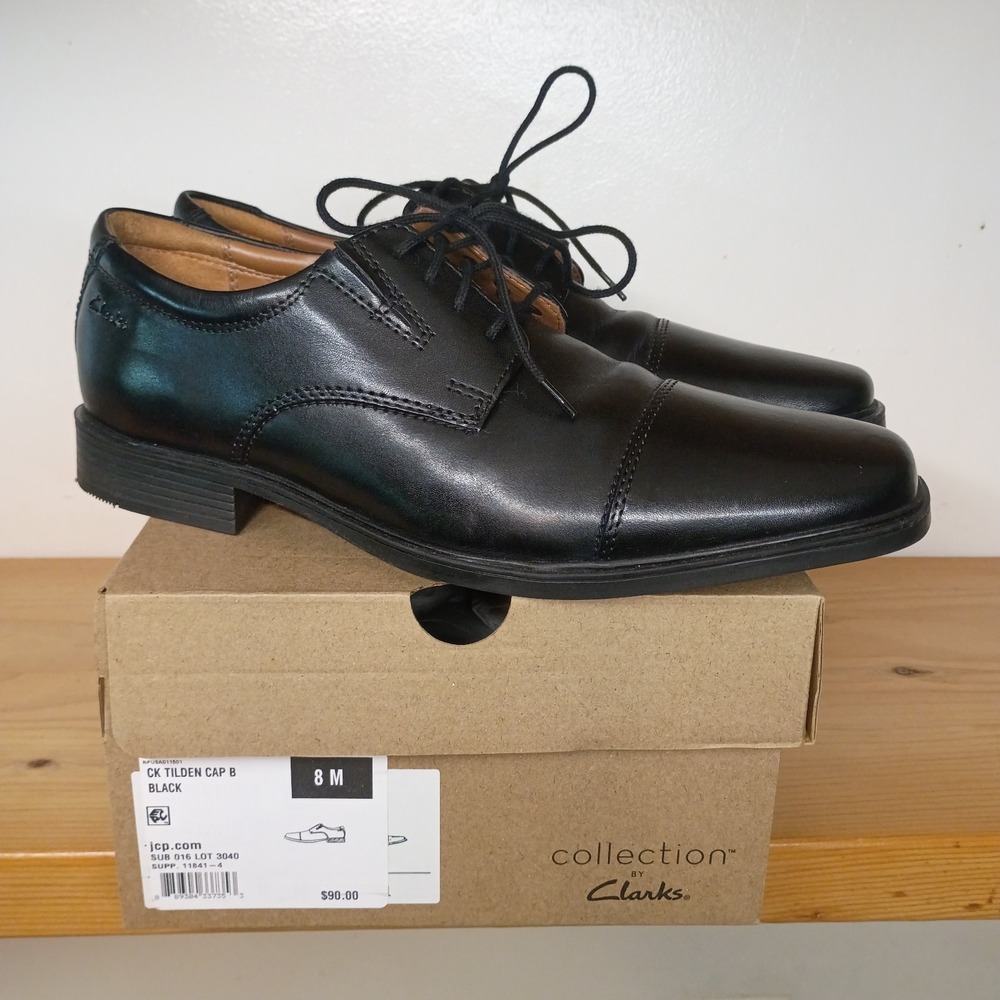 CLARKS Black Tilden Cap Toe Block Heel Leather‎ Oxford Shoes Men's Size 8 M